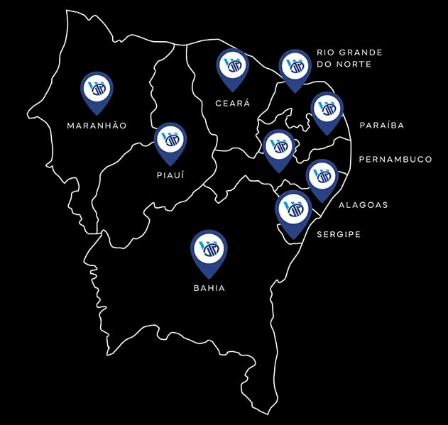 Mapa do Nordeste com localização das filiais